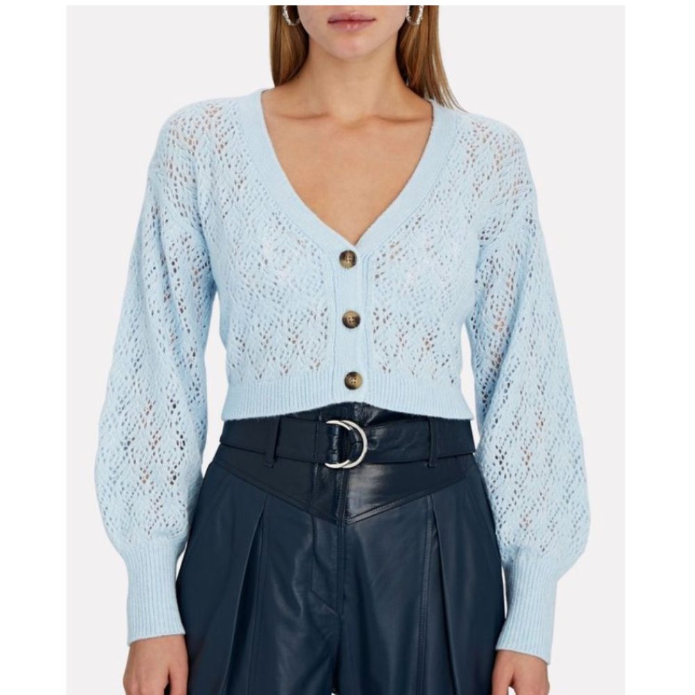 Intermix Brea Cropped Pointelle Knit Cardigan Cashmere Blend Light Blue S